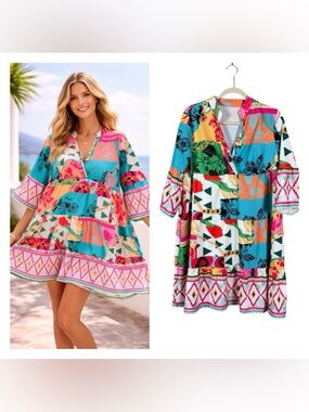 Bohemian Floral Patchwork Dress Size Large Beachy Coastal Resort Cottage Retro